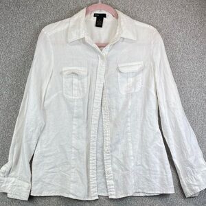 Grace Elements linen button up blouse crisp white size 10 S/M beachy minimalist